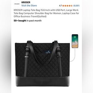 KROSER Quilted Black Laptop Tote Bag with USB Port